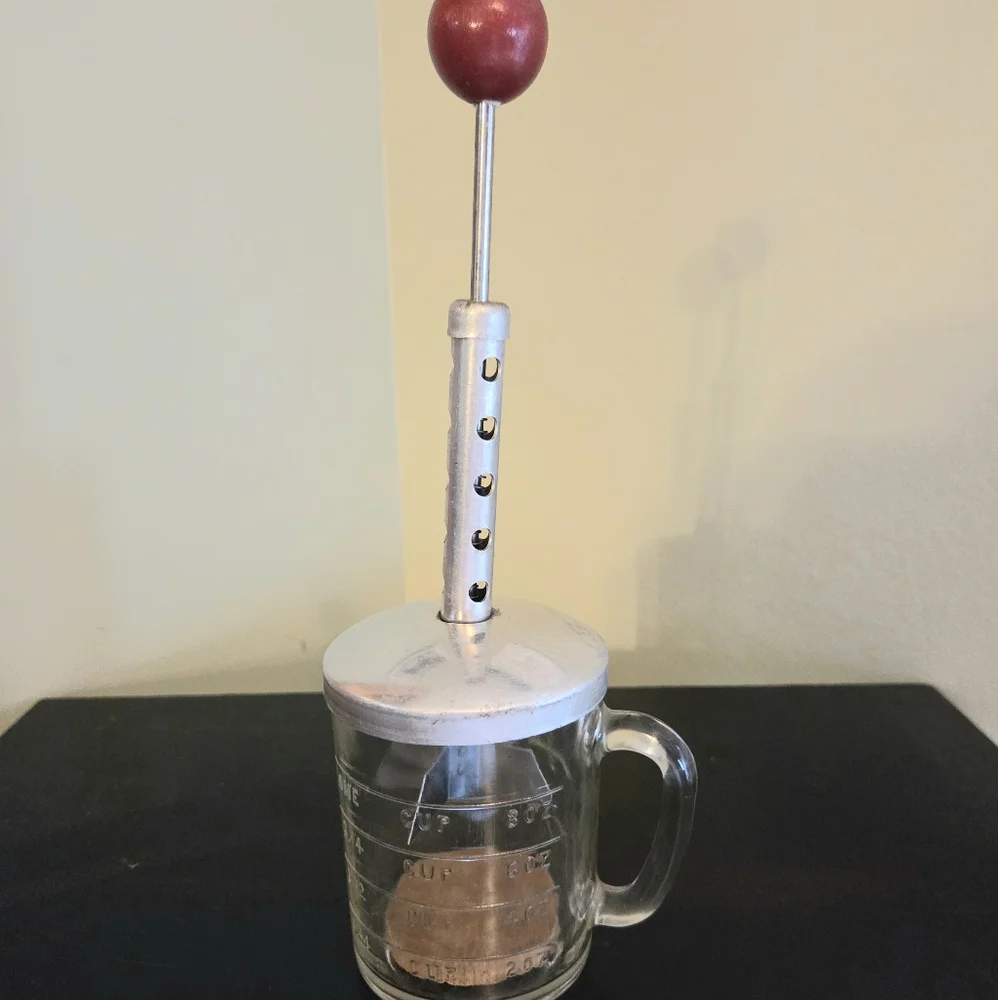 Vintage Hazel Atlas Glass Measuring Cup Nut Chopper Red Ball Handle + Wood Disk